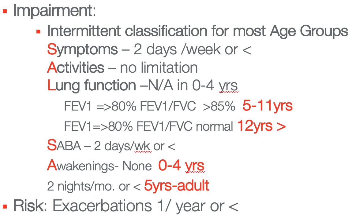 Example of the impairment an individual that has intermittent asthma would experience