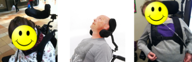 Images of three clients side by side showing poor neck position in different wheelchair seating