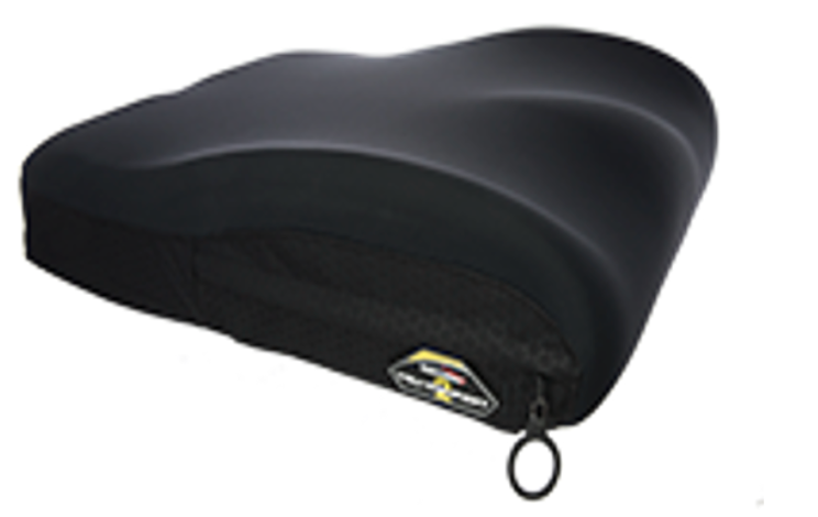 This is a contoured seat cushion by Rehabilitech with a built-in anti-thrust curb.