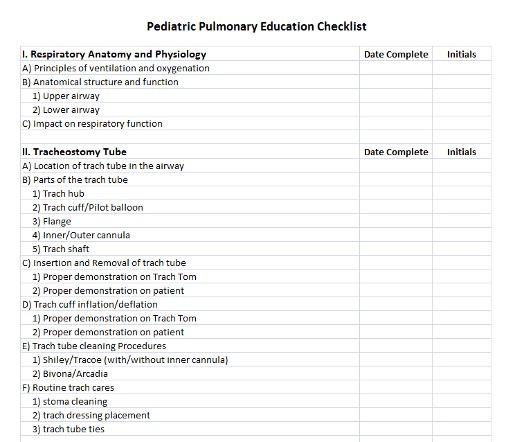 Pediatric pulmonary education checklist