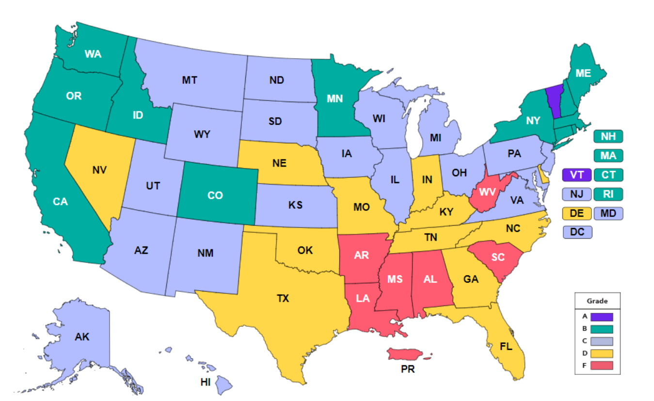Map of the United States with report card key
